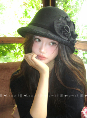 法式赫本风黑色毛呢礼帽优雅高级感网纱花朵盆帽保暖圆顶渔夫帽女