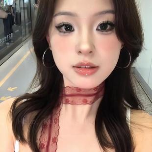 纯欲红色蕾丝花边丝巾女复古细长条飘带叠戴百搭装饰颈饰领巾丝带