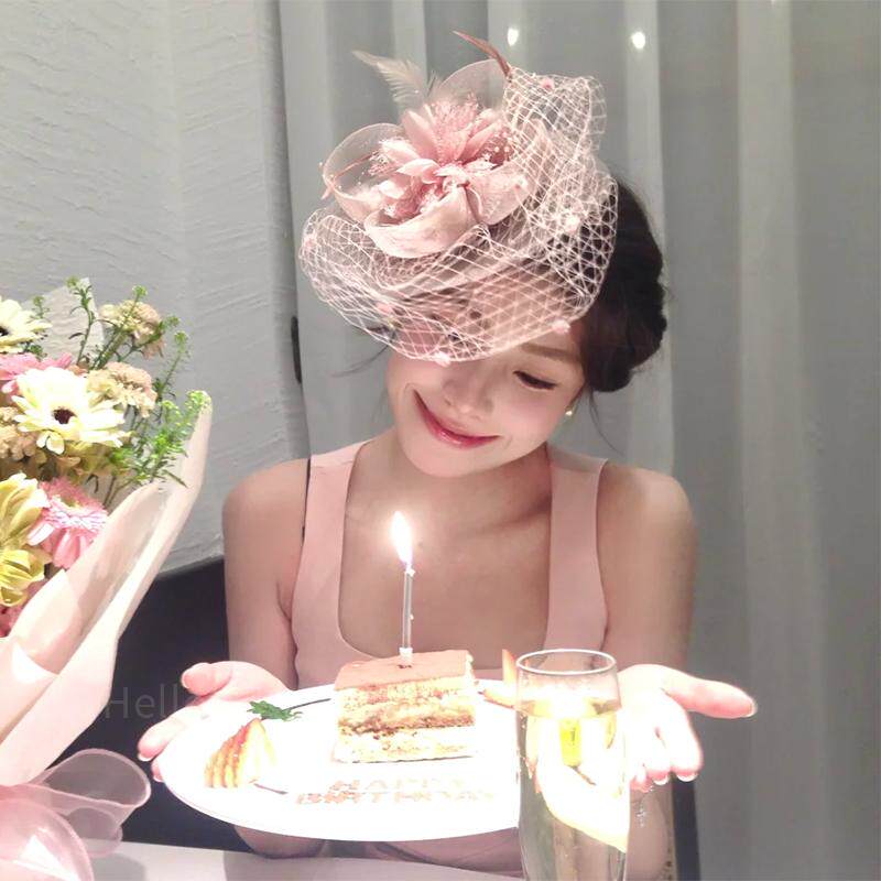法式千金粉色网纱小礼帽生日宴会氛围感婚纱头饰羽毛面纱优雅头花