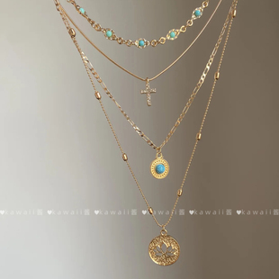 中古四层叠戴十字架花朵项链波西米亚风复古锁骨链小众高级感颈链