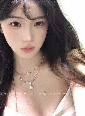 韩系双层叠戴珍珠水滴项链