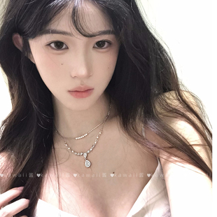 韩系双层叠戴珍珠水滴项链小众设计千金感银色锁骨链独特气质颈链