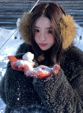 甜酷风y2k棕色仿貂毛耳罩毛绒冬季雪景保暖耳包女骑行护耳套耳暖