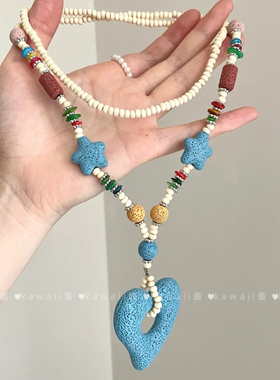 多巴胺蓝色爱心海星彩色串珠项链