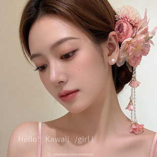 超仙粉色流苏花朵发夹女旗袍侧边夹发卡海边发饰头饰玫瑰盘发头花