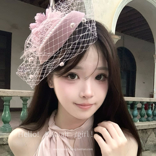 复古公主风发夹优雅宴会晚礼服发饰 留洋小千金粉色网纱小礼帽法式