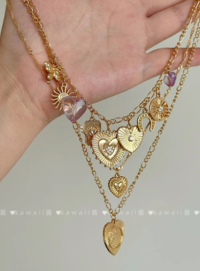 Vintage古着金色爱心流苏吊坠项链小众高级感颈链个性夸张锁骨链