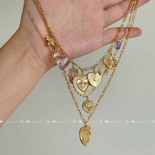 夸张锁骨链 Vintage古着金色爱心流苏吊坠项链小众高级感颈链个性