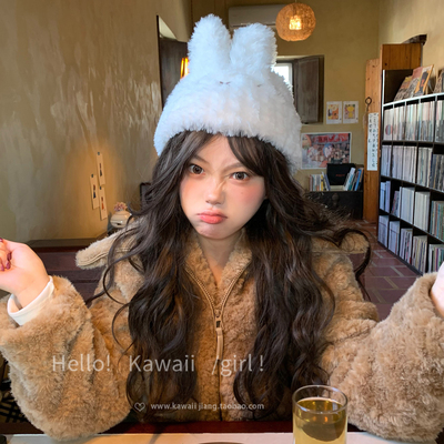 可爱兔子毛绒帽大头围冬百搭米菲刺绣针织帽柔软保暖兔耳朵护耳帽