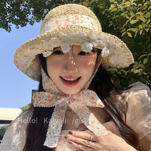 甜美小清新草编帽海边度假遮阳防晒帽 春夏田园风碎花系带草帽法式