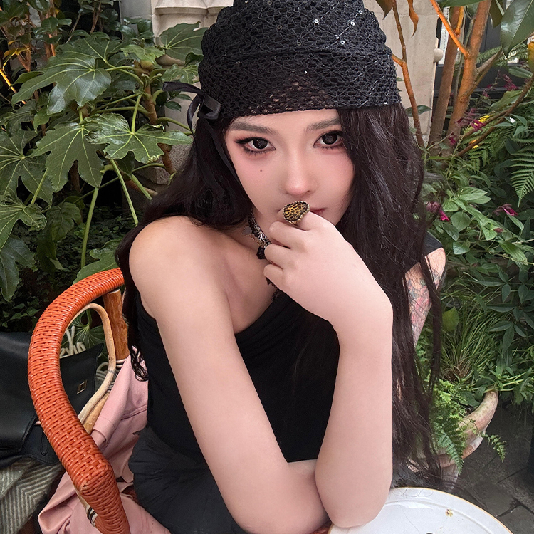 韩系甜酷黑色蕾丝镂空冷帽