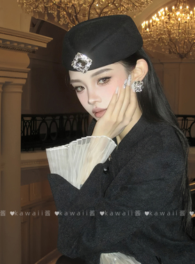 财阀千金~方钻平顶小礼帽法式黑色高级感贝雷帽名媛优雅时尚配饰