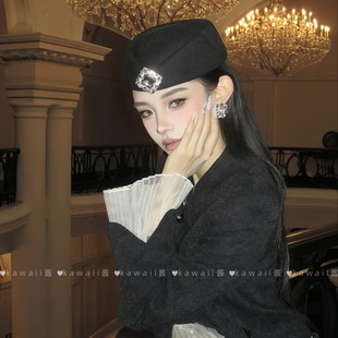 黑色高级感贝雷帽名媛优雅时尚 配饰 方钻平顶小礼帽法式 财阀千金