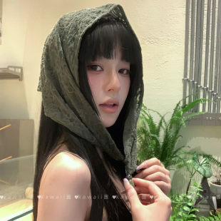 韩系手工木珠三角巾植物纹理针织头巾女小众日常温柔气质蕾丝丝巾