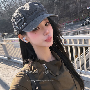 辣妹朋克风铆钉鸭舌帽小众街头潮酷平顶帽做旧显脸小帽子 y2k美式