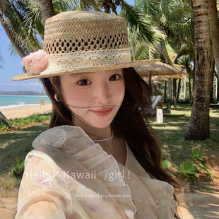 法式蕾丝花朵蝴蝶结平顶草帽春夏海边度假风镂空透气遮阳防晒礼帽