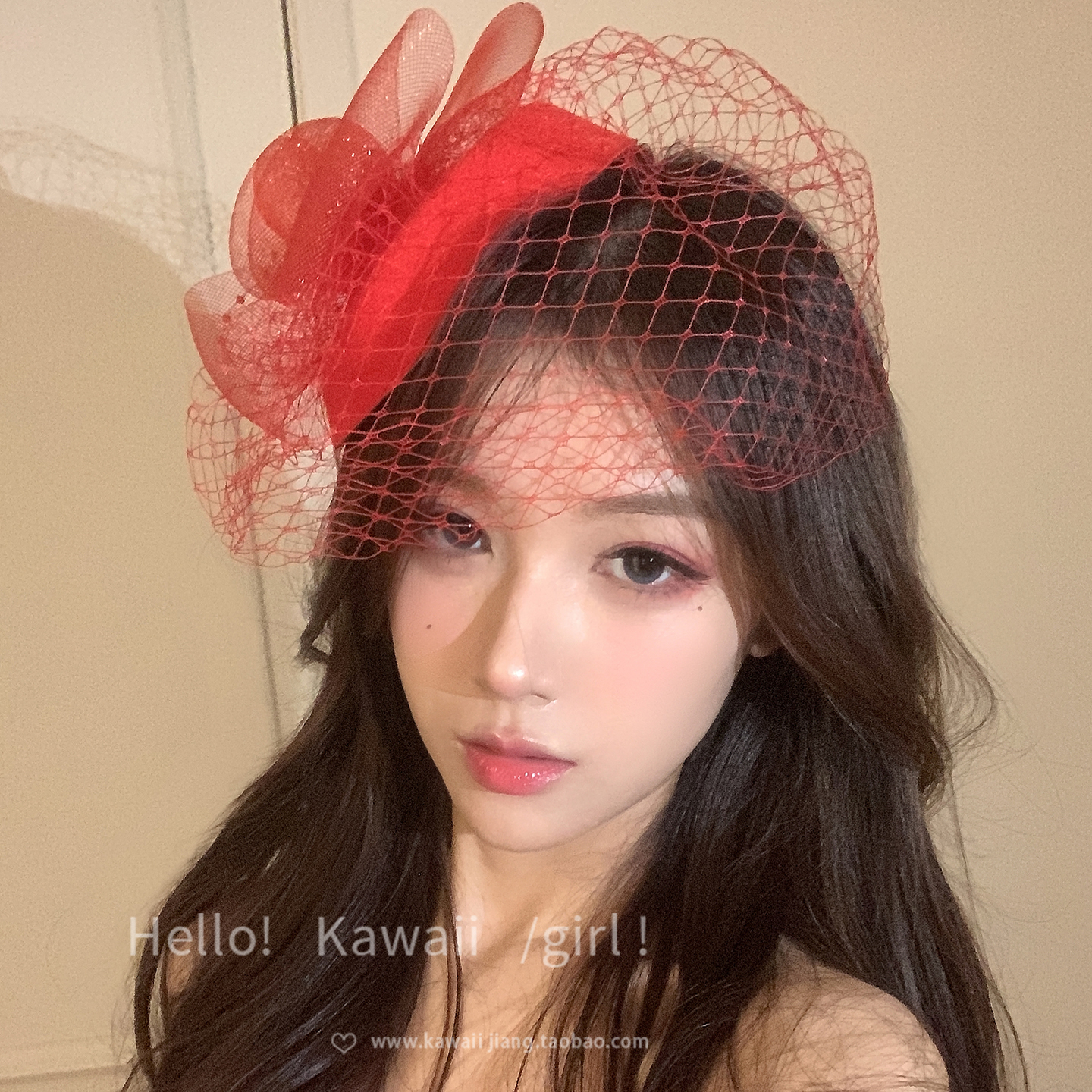 法式名媛红色玫瑰花网纱礼帽复古宫廷风千金晚宴礼服发夹生日头饰