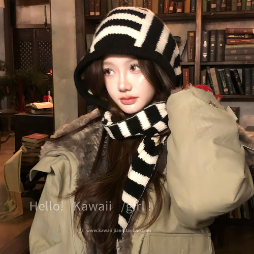韩系黑白条纹帽子围巾一体