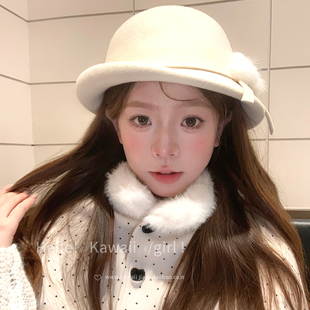 法式英伦风白色羊毛礼帽千金感气质优雅显脸小贝雷帽高级感盆帽女