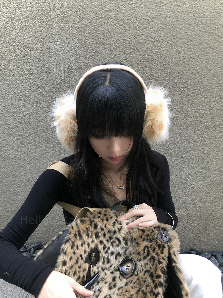 SUBCULTURE HOT GIRL 표범 인쇄 귀마개 여성의 달콤하고 시원한 밀레니엄 스타일 모조 여우 모피 귀마개 플러시 따뜻하고 얼굴 모양의 작은 귀 가방