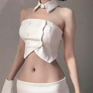 性感辣妹白色不规则短款 纯欲风荷叶边包臀短裙两件套 抹胸上衣冬季