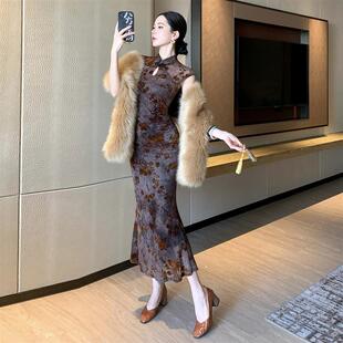 轻熟风复古新中式 气质植绒网纱镂空旗袍连衣裙性感优雅包臀开叉裙