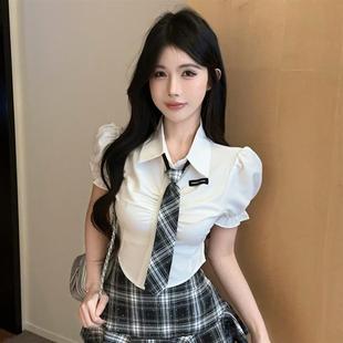 泡泡袖 夏季 女短款 法式 学院风制服纯欲辣妹jk系带收腰上衣 白色衬衫