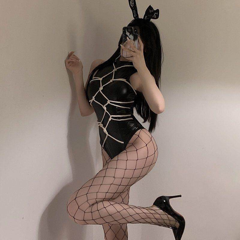 欧美风性感黑色无袖绑带PU皮制服夜店辣妹紧身露肩气质显瘦连体衣