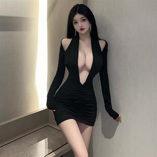 秋季性感夜店蹦迪辣妹纯欲露背深V显胸大长袖包臀连衣裙女