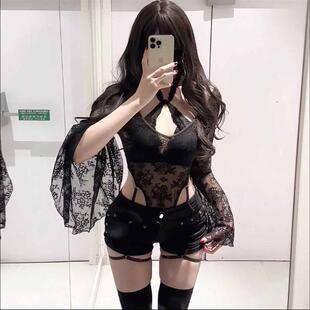 两件套 辣妹低腰包臀短裤 纯欲风性感黑色蕾丝露腰长袖 连身衣女夏季