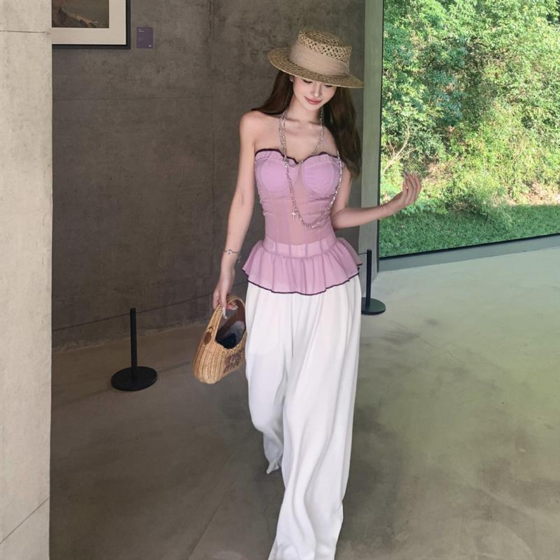 时尚辣妹风一字肩鱼骨网纱无袖抹胸背心上衣+百搭白色宽裤套装