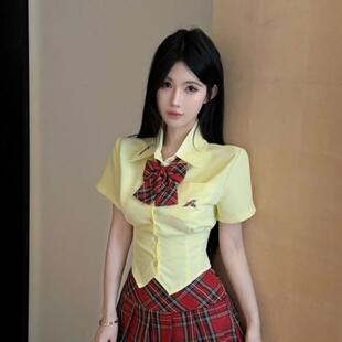 甜美穿搭设计感纯欲上衣 夏季 jk制服学院风短袖 衬衫 女黄色收腰衬衫