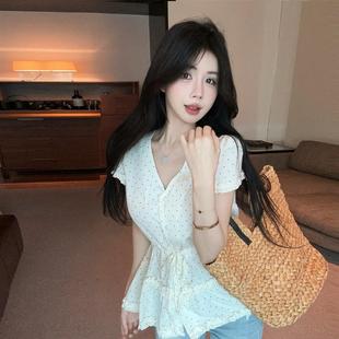 法式 设计感抽绳收腰显瘦减龄上衣 甜美木耳边波点V领百搭衬衫 夏季