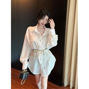 上班服polo领长袖 女夏宽松纯欲收腰翻领上衣 中长版 显腰细炼条衬衫