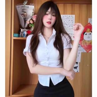 收腰上衣纯欲风 夏季 白色短袖 衬衫 女职业ol制服性感御姐工作服修身