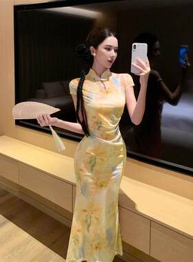 复古新中式旗袍修身收腰网纱印花百搭裙大摆裙连衣裙2026夏季女装