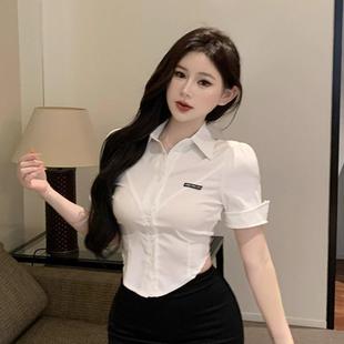 气质酒店ol御姐制服短袖 夏季 紧身收腰衬衫 纯欲衬衫 白色上衣 女短款