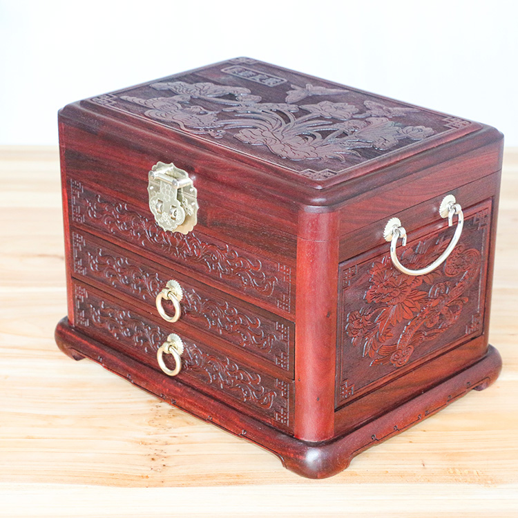 首饰盒华品红绒布高档紫檀木复古