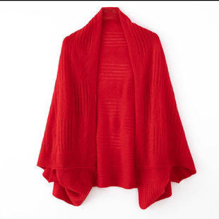 高端100纯羊毛针织披肩女宽松旗袍裙子外搭羊绒围巾斗篷外套开衫