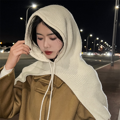 斗篷连帽披肩100纯羊毛秋冬帽子一体外搭套头护耳保暖针织围脖女