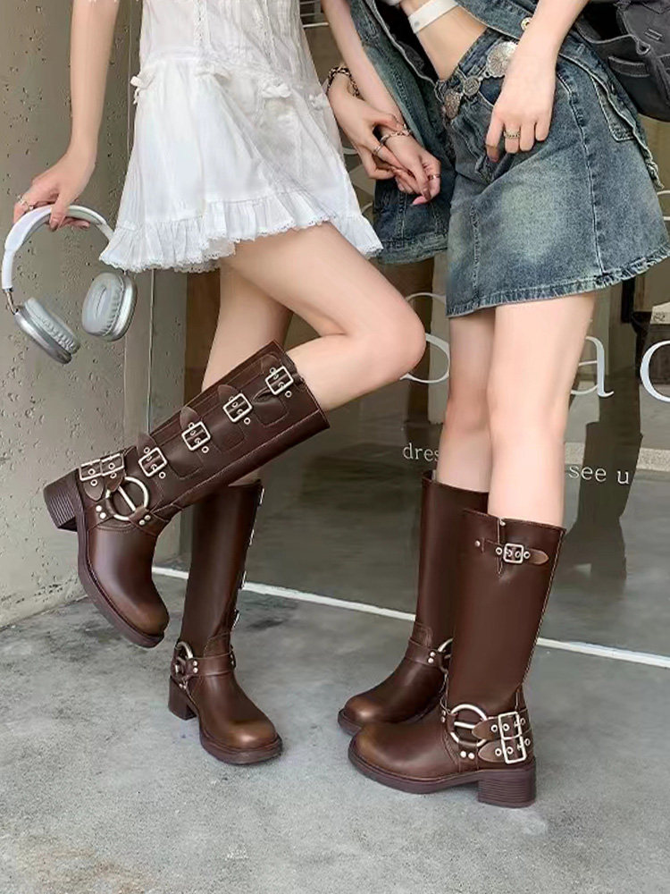 그러나 여성용 무릎 높이 부츠  가죽 레트로 나이트 부츠 벨트 버클 브라운 숏 부츠 트렌디 한 MIU 웨스턴 카우보이 부츠