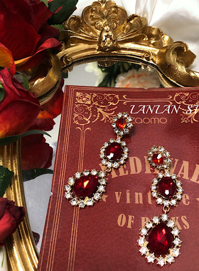 法式复古长款红色水晶水钻耳环轻奢精致古典旗袍中式气质名媛耳夹