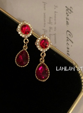 法式复古精致浪漫小巧耳钉镶钻珍珠红色水滴宝石耳环气质百搭耳夹