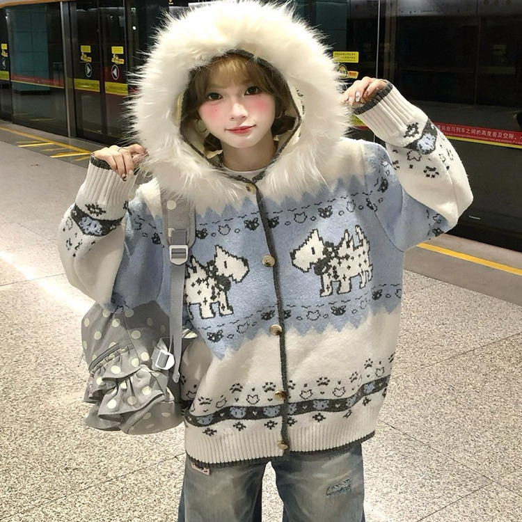 文文不乖原创美式复古毛领开衫