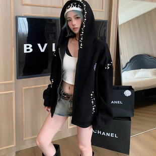 活泼计划原创美式复古立体钉珠连帽卫衣外套男女秋季辣妹甜酷上衣
