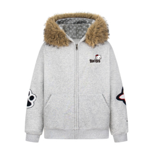 亿万少年BUFU原创美式复古凯蒂猫毛领连帽卫衣加绒加厚外套男女款