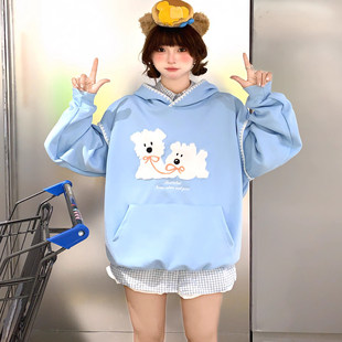 小狗植绒刺绣连帽卫衣女秋冬宽松慵懒风上衣外套 文文不乖原创美式