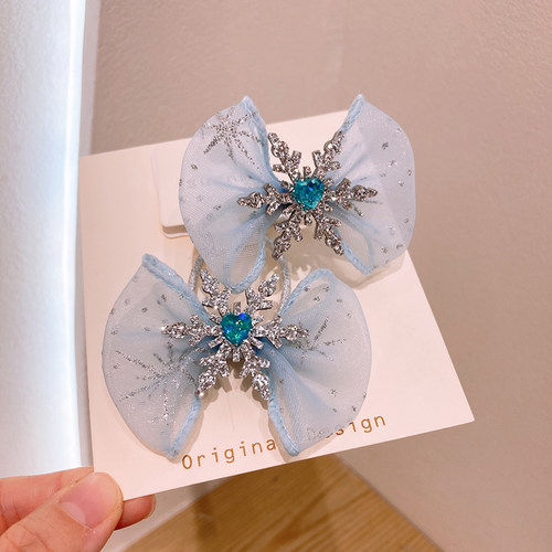 公主蓝色雪花蝴蝶结发夹女童皮筋