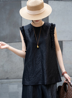 对丝龟裂纹香云纱背心新款时尚百搭圆领宽松显瘦无袖纯色背心上衣