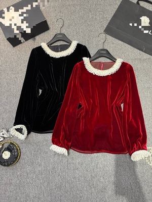 优雅知性美花边领手工钉珠点缀真丝丝绒廓形国风气质长袖上衣女